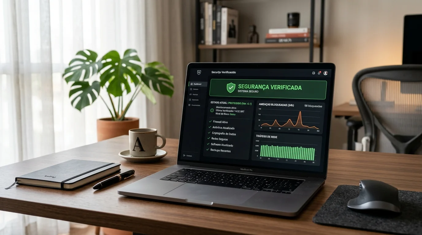Ambiente de trabalho moderno com laptop exibindo dashboard de verificação de segurança