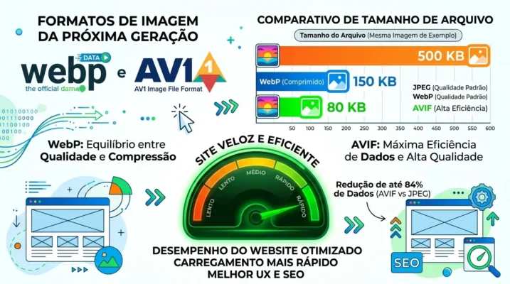 Colagem de um logotipo WebP e AVIF ao lado de um velocímetro apontando para '100% performance'