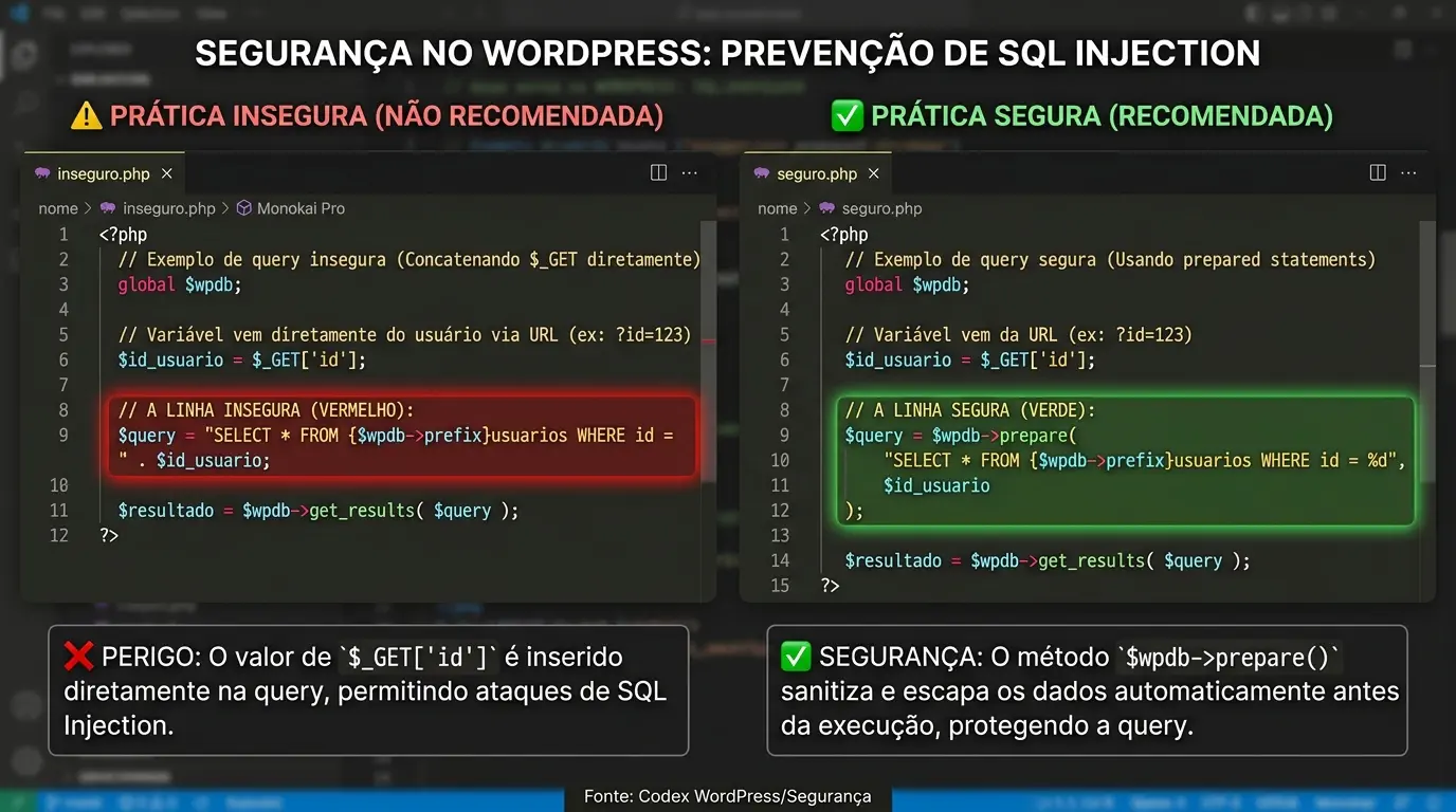 Comparação visual: código vulnerável concatenando vs código seguro com prepared statement
