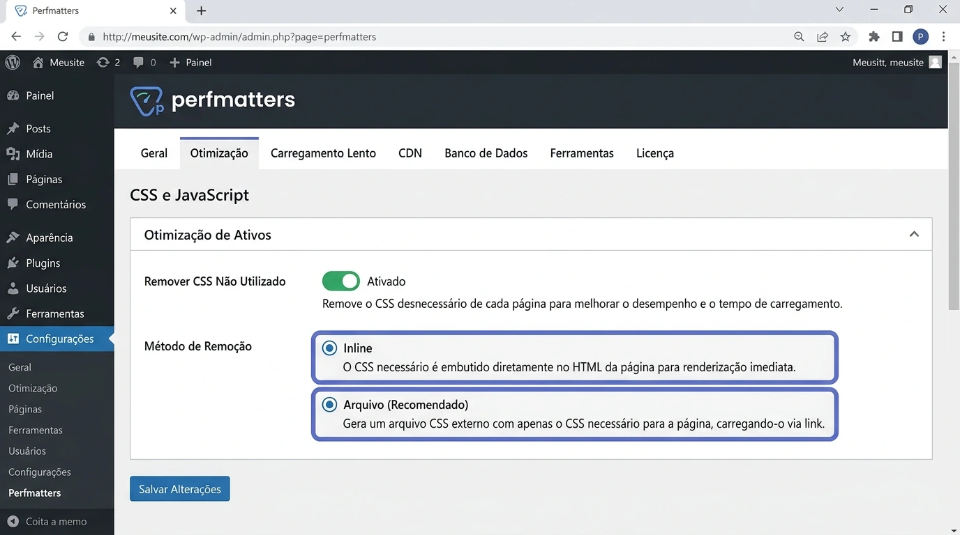 Configuração de Remove Unused CSS no Perfmatters com opções Inline e File