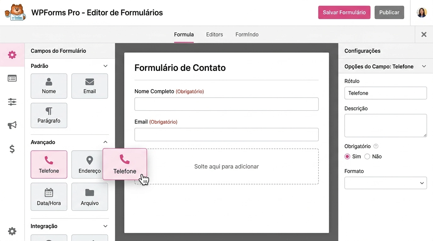Dashboard WPForms Pro mostrando construtor de formulários drag-and-drop