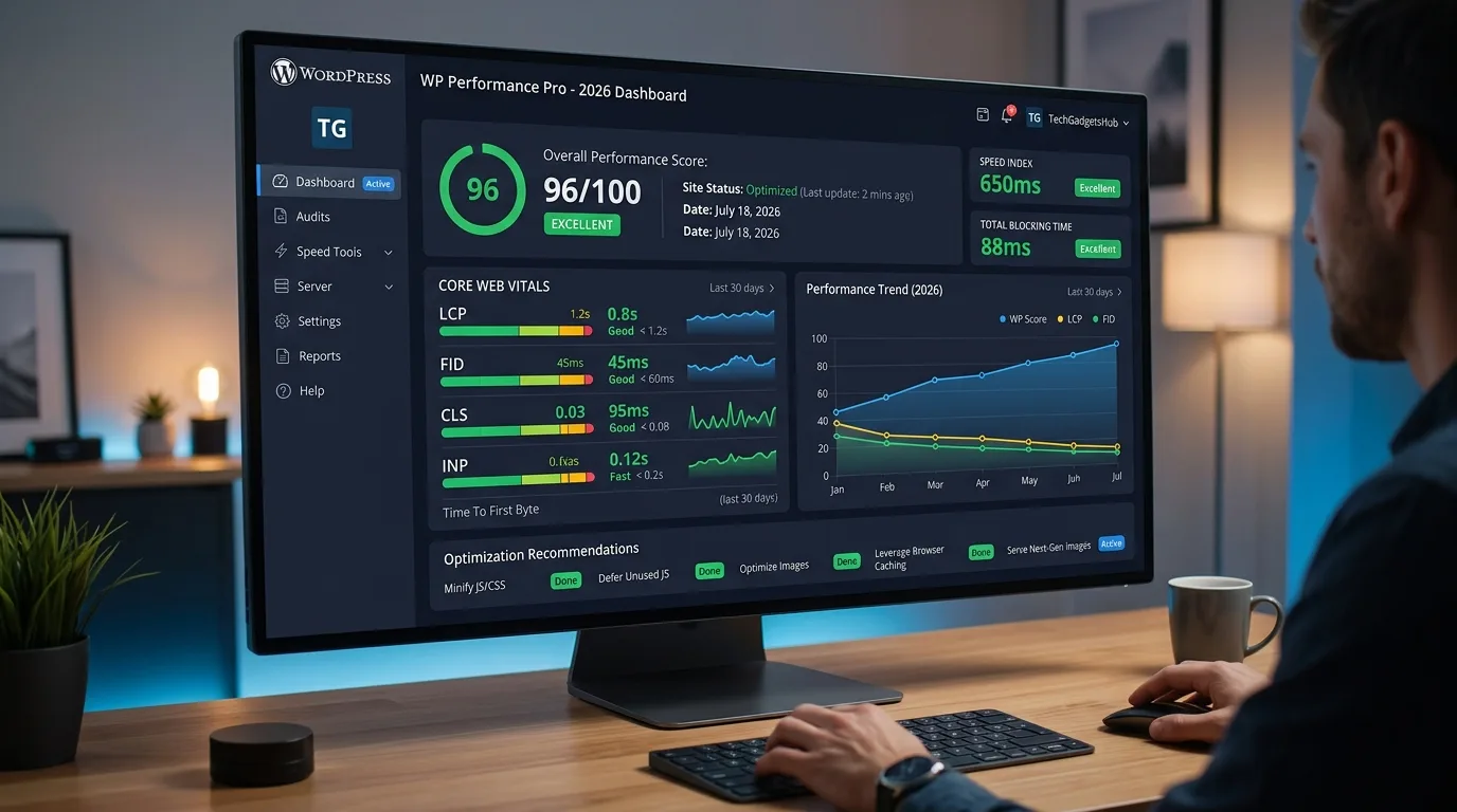 Dashboard de performance WordPress mostrando métricas de velocidade e Core Web Vitals em 2026