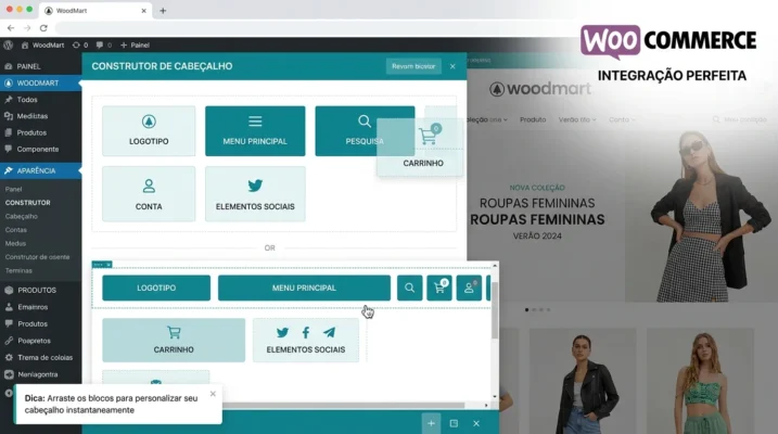 Dashboard do WoodMart mostrando construtor de cabeçalho drag-and-drop e demo de loja
