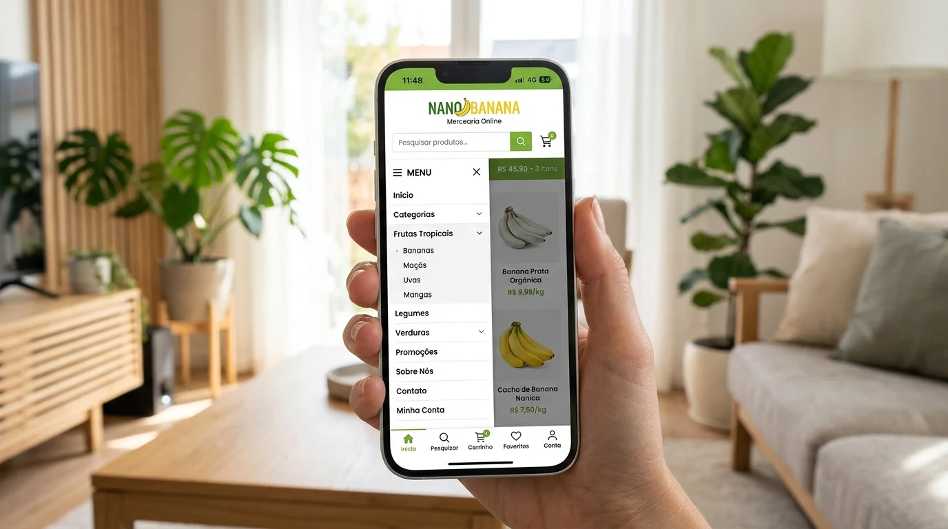 Demonstração da navegação mobile do WoodMart com barra inferior e menu off-canvas