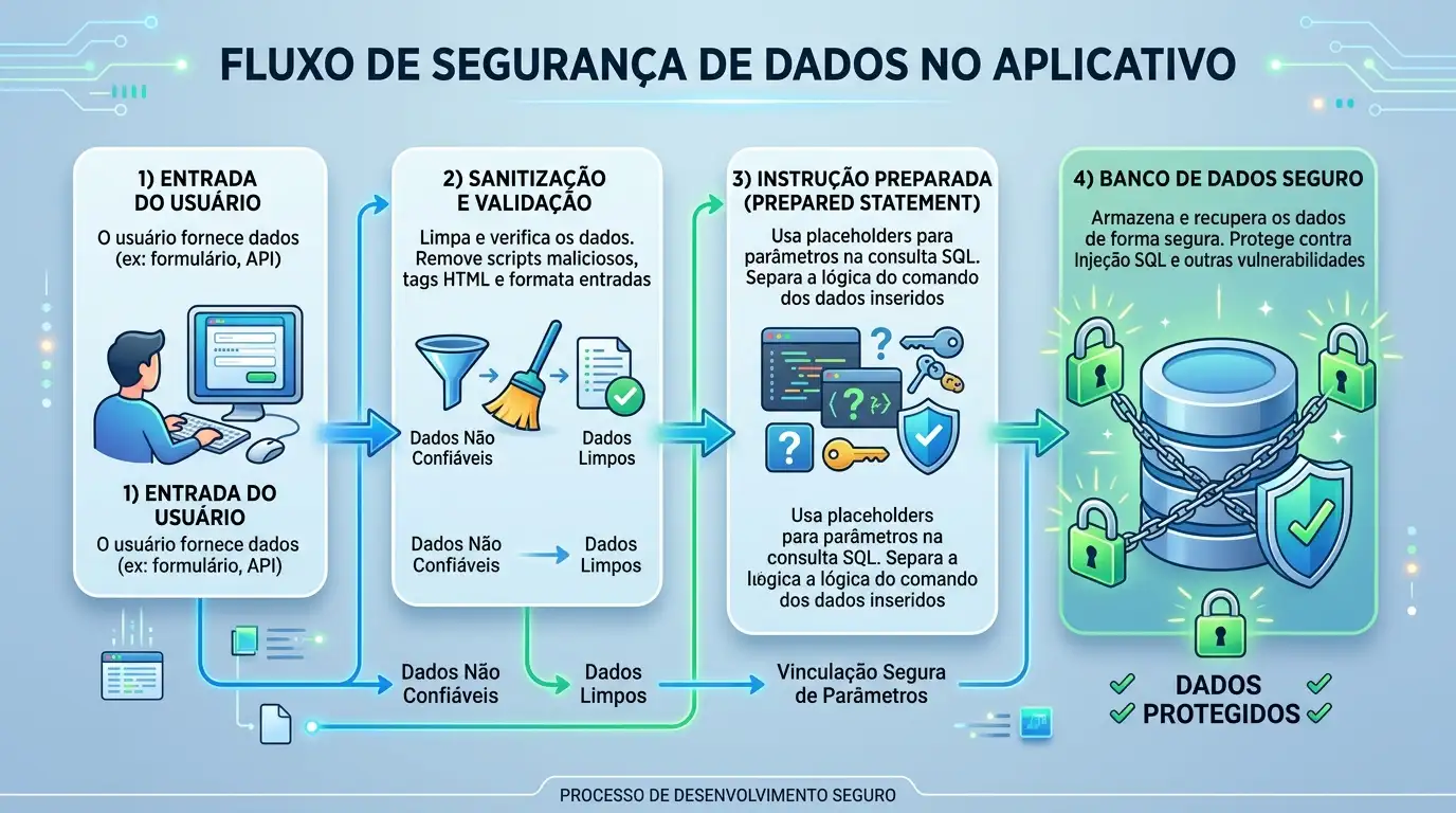Fluxo de um formulário de busca com validação, sanitização e prepared statement