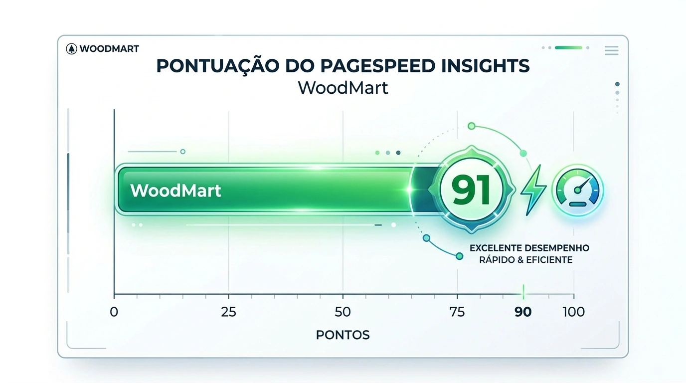 Gráfico de performance PageSpeed Insights mostrando pontuação 91 do WoodMart