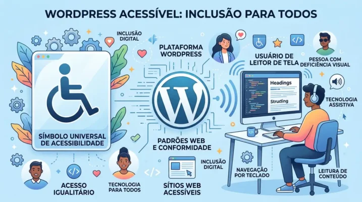 Ícone universal de acessibilidade ao lado do logotipo do WordPress e de uma pessoa usando leitor de tela