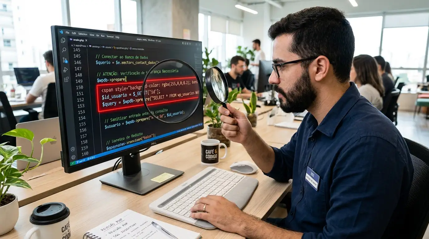 Ilustração de desenvolvedor fazendo auditoria de código em busca de SQL injection com lupa