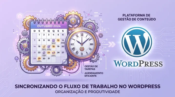Ilustração de um agendador de tarefas calendário com engrenagens ao lado do logotipo do WordPress