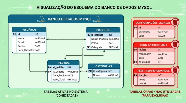 Ilustração de um banco de dados MySQL com tabelas destacadas como 'órfãs' e um botão de limpeza"