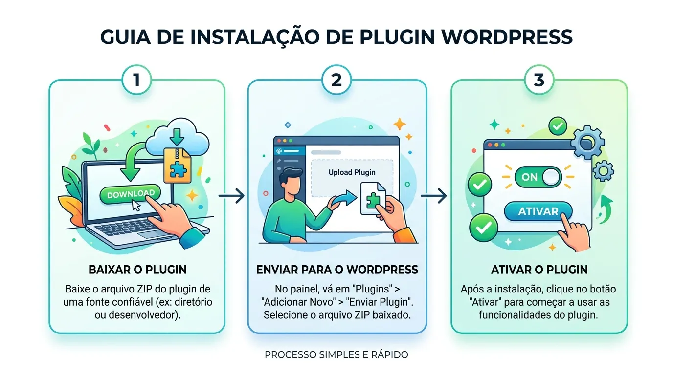 Ilustração do processo de instalação do WPForms Pro no WordPress em 3 etapas