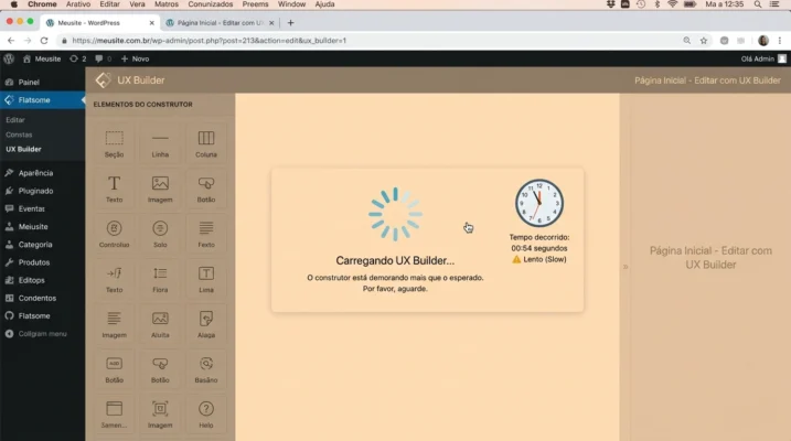 Interface do UX Builder do Flatsome carregando lentamente com spinner de carregamento