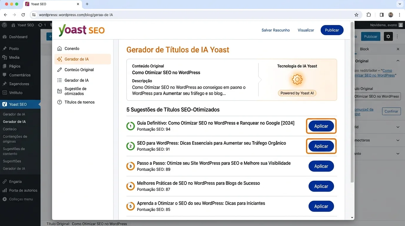 Interface do Yoast AI Generate mostrando 5 opções de título geradas por IA