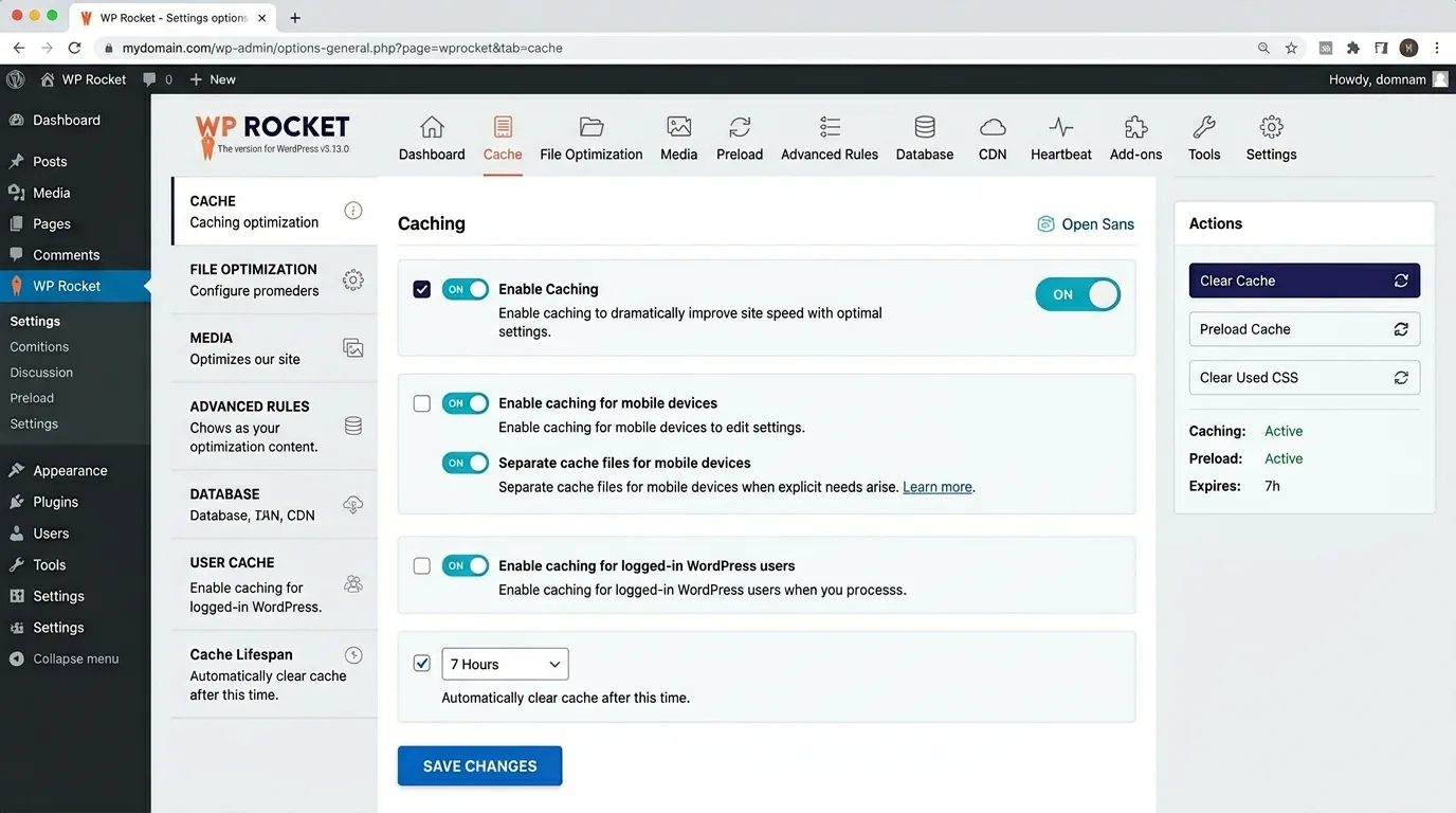 Interface do painel de configurações do WP Rocket com opções de cache e performance