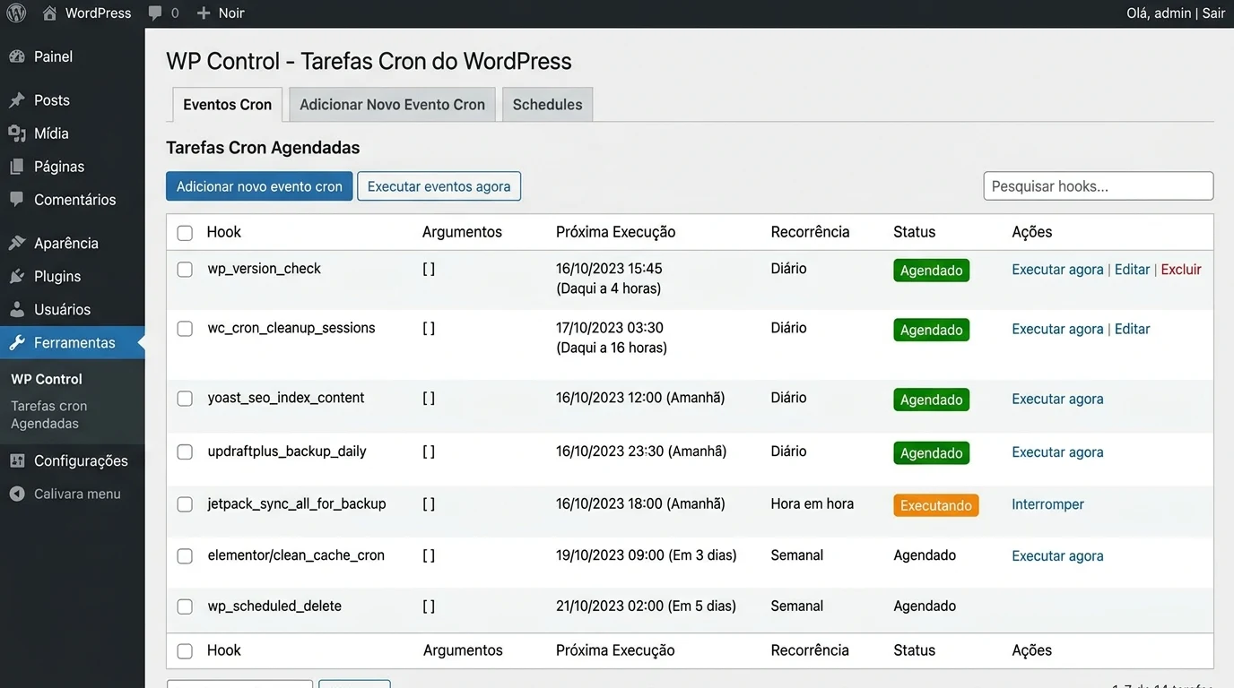 Interface do plugin WP Crontrol mostrando lista de tarefas agendadas