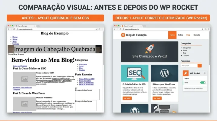 Layout quebrado e layout corrigido no WordPress com WP Rocket