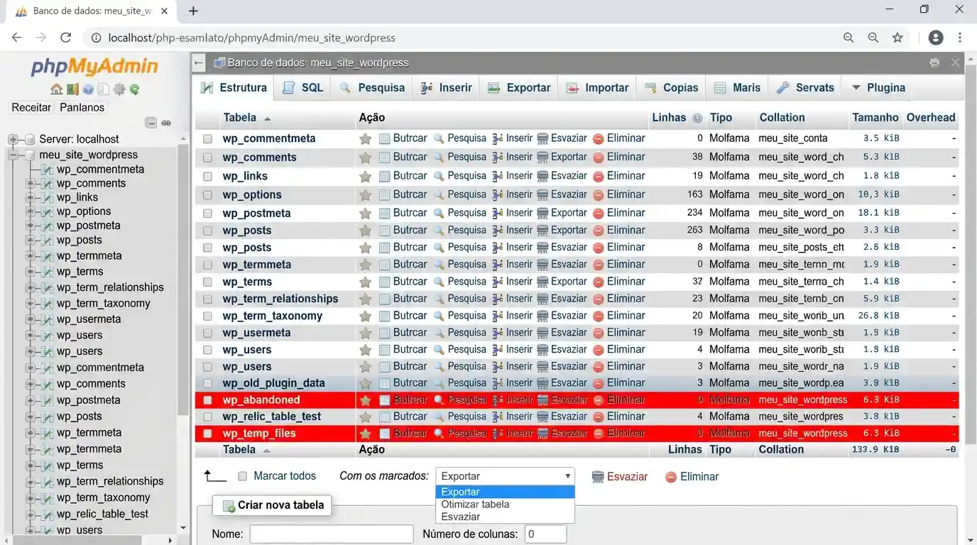 Listagem de tabelas no phpMyAdmin com marcações em vermelho para tabelas órfãs