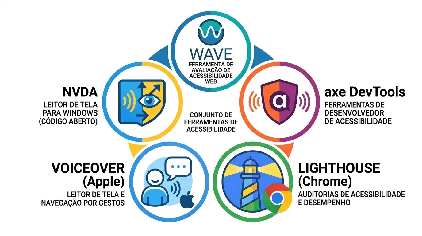 Logotipos das ferramentas WAVE, axe, Lighthouse, NVDA e VoiceOver