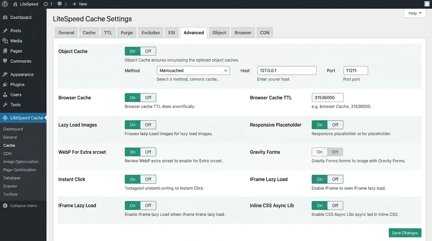 Painel de configurações do LiteSpeed Cache WordPress com opções avançadas de performance