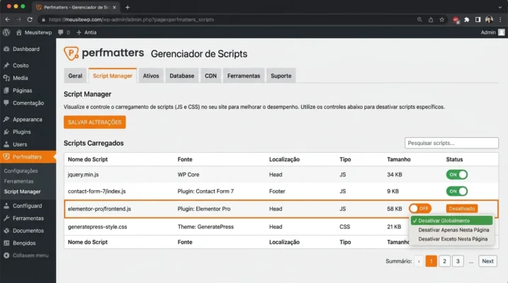 Painel do Perfmatters mostrando opções de otimização e Script Manager