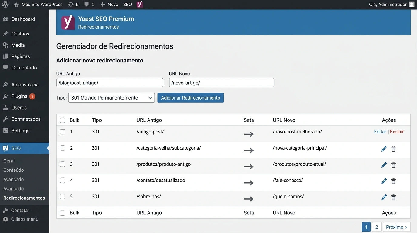 Painel do gerenciador de redirecionamentos do Yoast Premium mostrando URLs 404 e 301 ativos