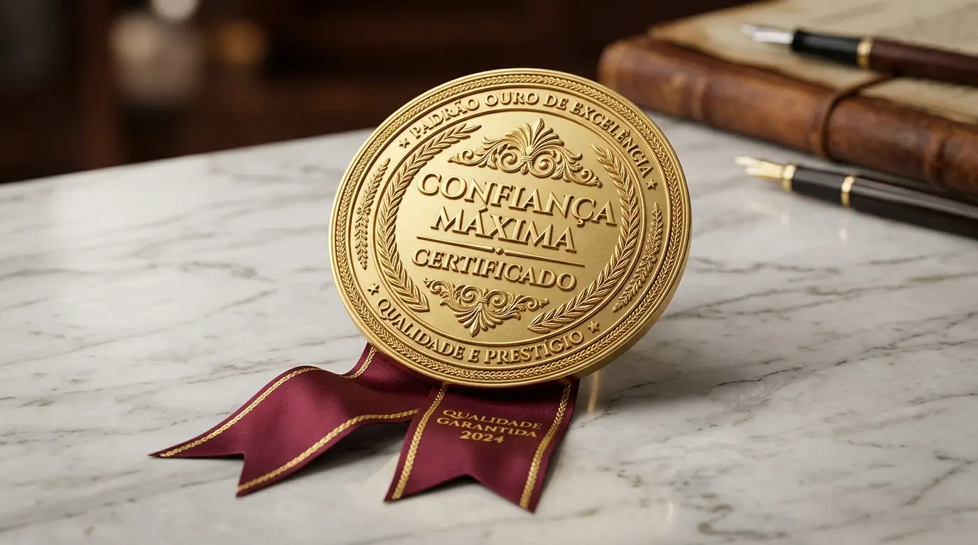 Selo dourado de certificação em superfície clara representando padrão máximo de confiança