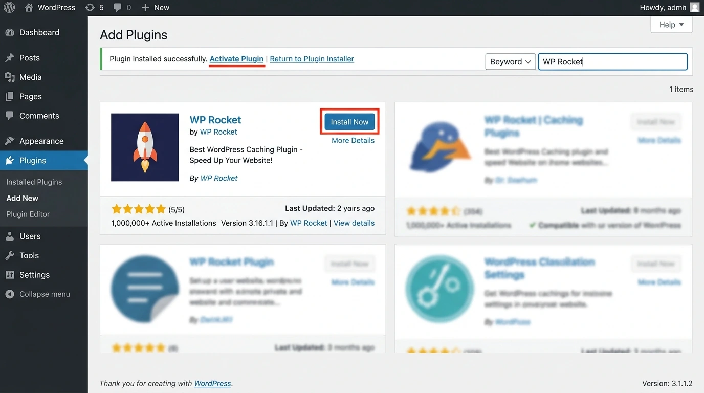 Tela de instalação e ativação do plugin WP Rocket no painel do WordPress