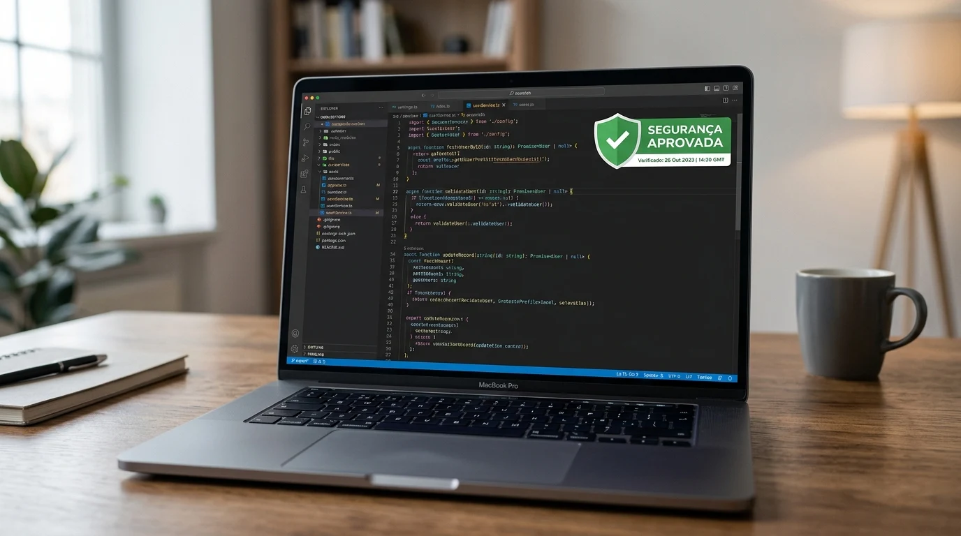 Tela de laptop exibindo código fonte limpo com indicador de segurança aprovado