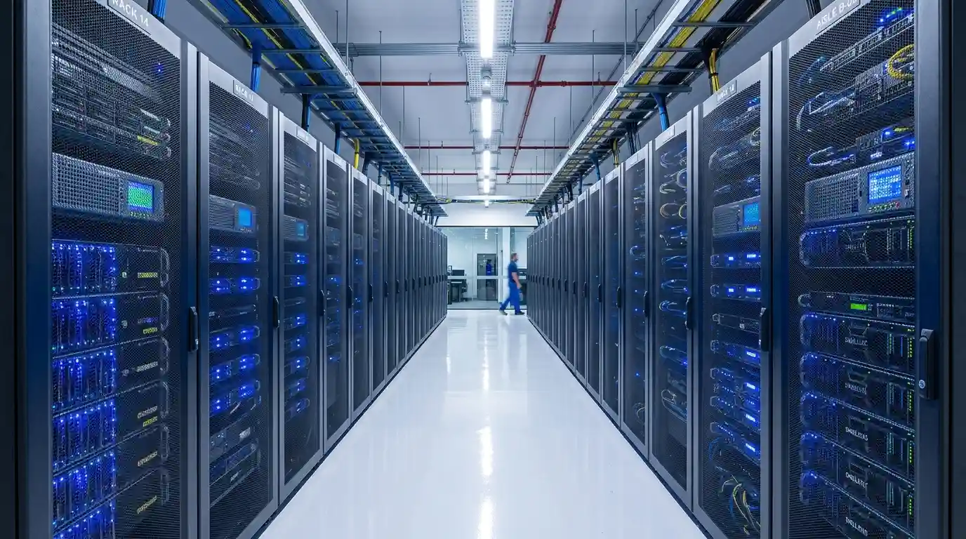 Corredor de data center moderno com servidores iluminados e infraestrutura de alta tecnologia