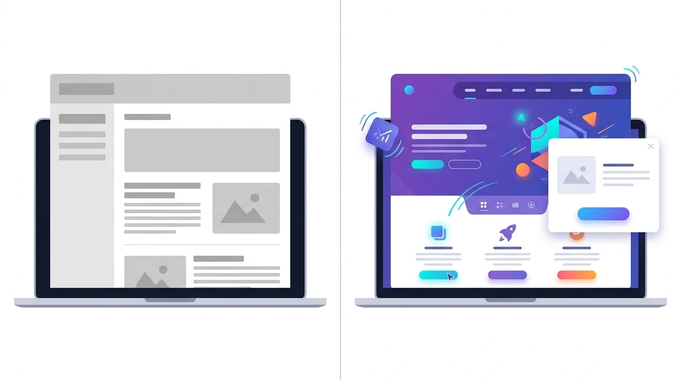 Comparação entre site básico e site profissional criado com Elementor Pro