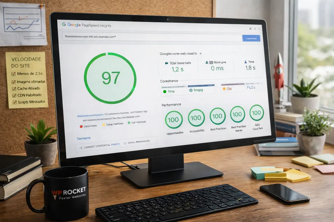 Tela de computador exibindo medidor de performance com pontuação alta em ambiente de escritório moderno