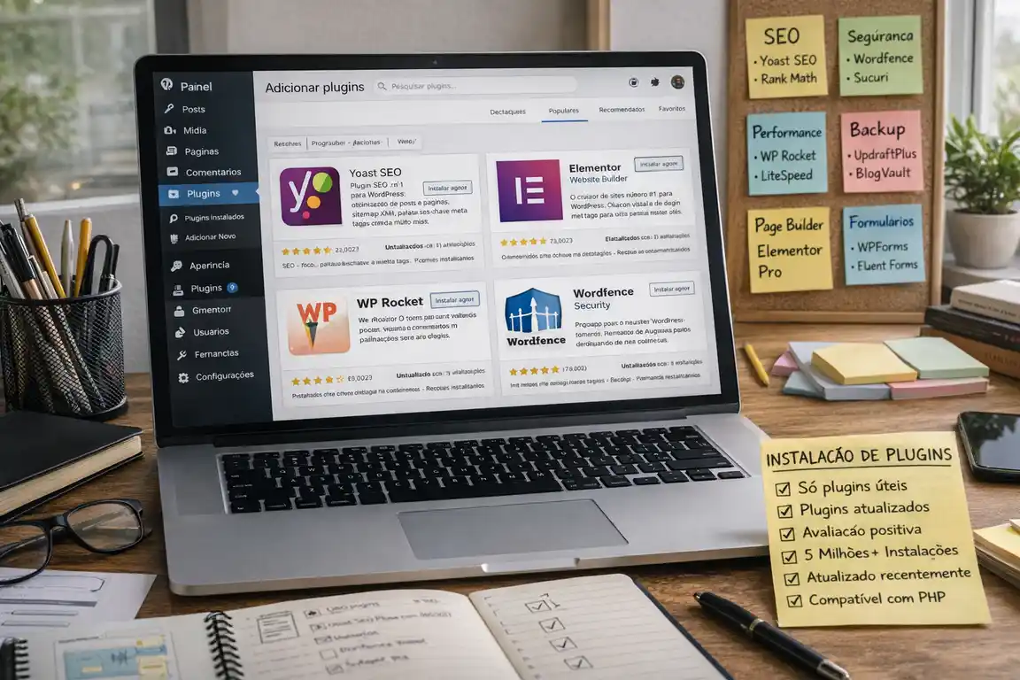 Tela de laptop exibindo a página de instalação de plugins do WordPress em ambiente de escritório iluminado