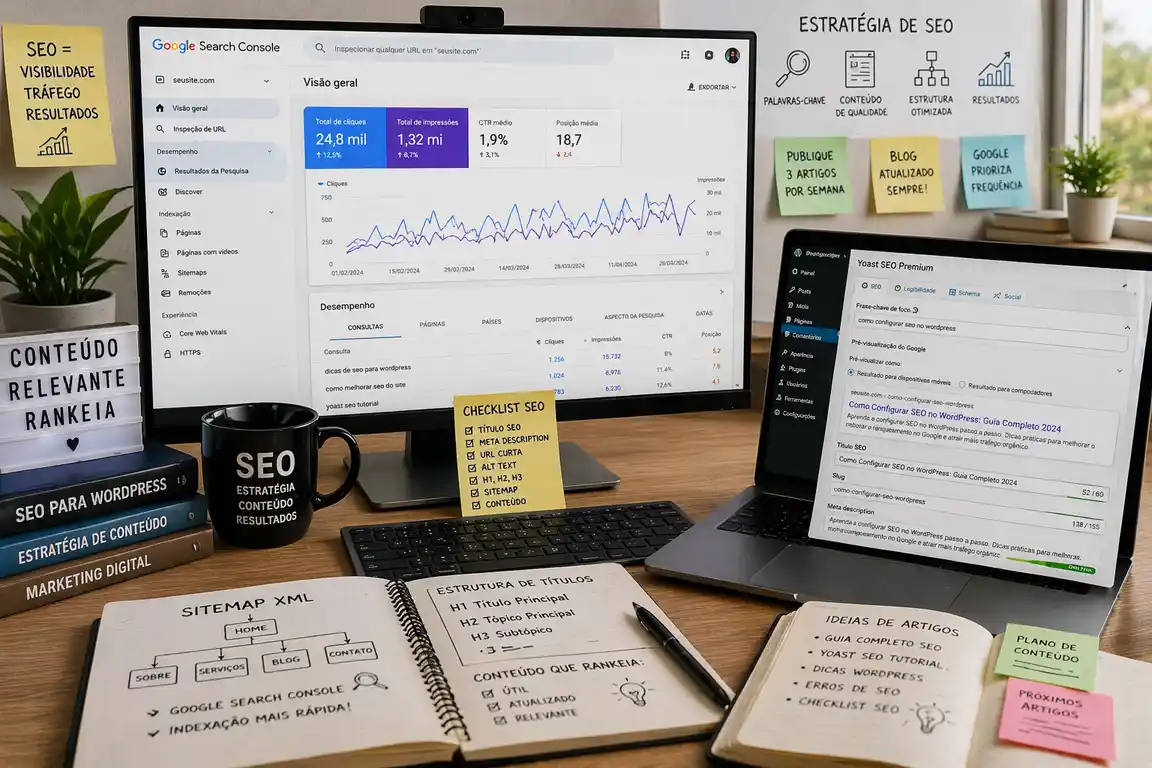 Monitor exibindo dashboard do Google Search Console com gráficos de desempenho em mesa de escritório iluminada