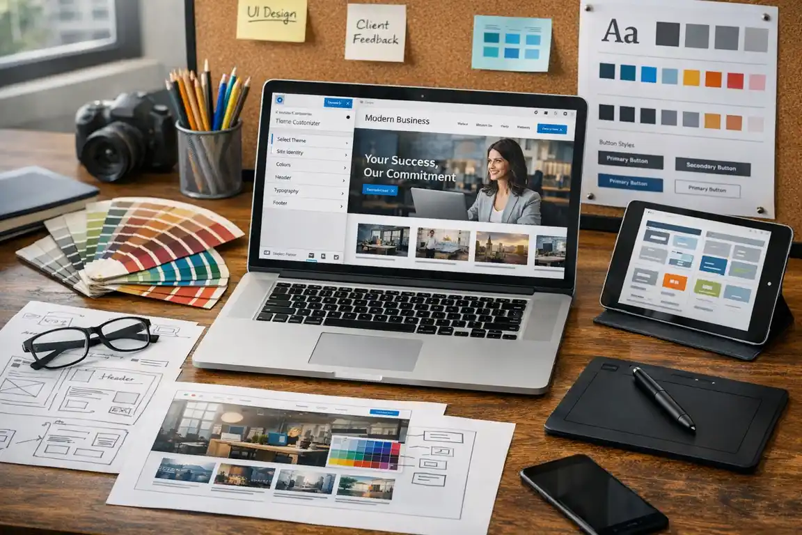 Mesa de web designer com laptop mostrando layout de site, paleta de cores e esboços em papel
