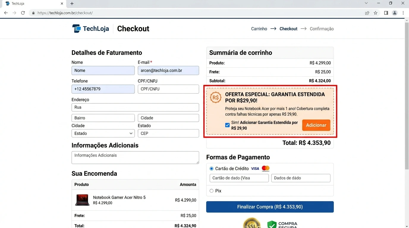Exemplo de Order Bump no checkout mostrando oferta de garantia estendida