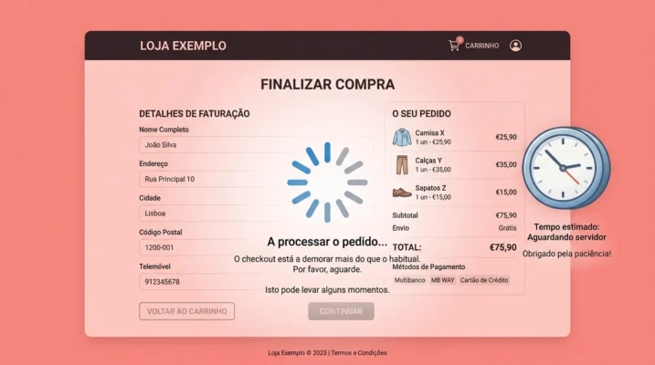 Página de checkout do WooCommerce com spinner de carregamento e ícone de rede lenta