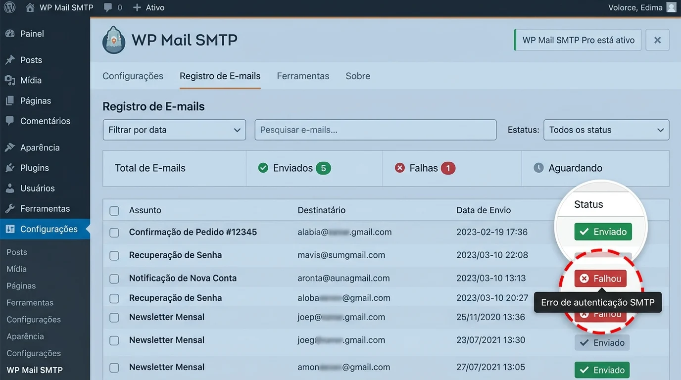 Painel do WP Mail SMTP mostrando logs de e‑mail e opções de configuração