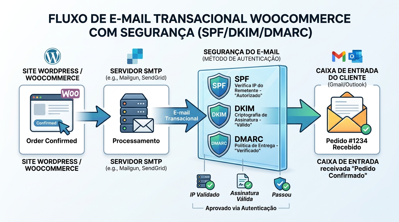 Fluxo de e-mail transacional com autenticação SPF, DKIM e DMARC