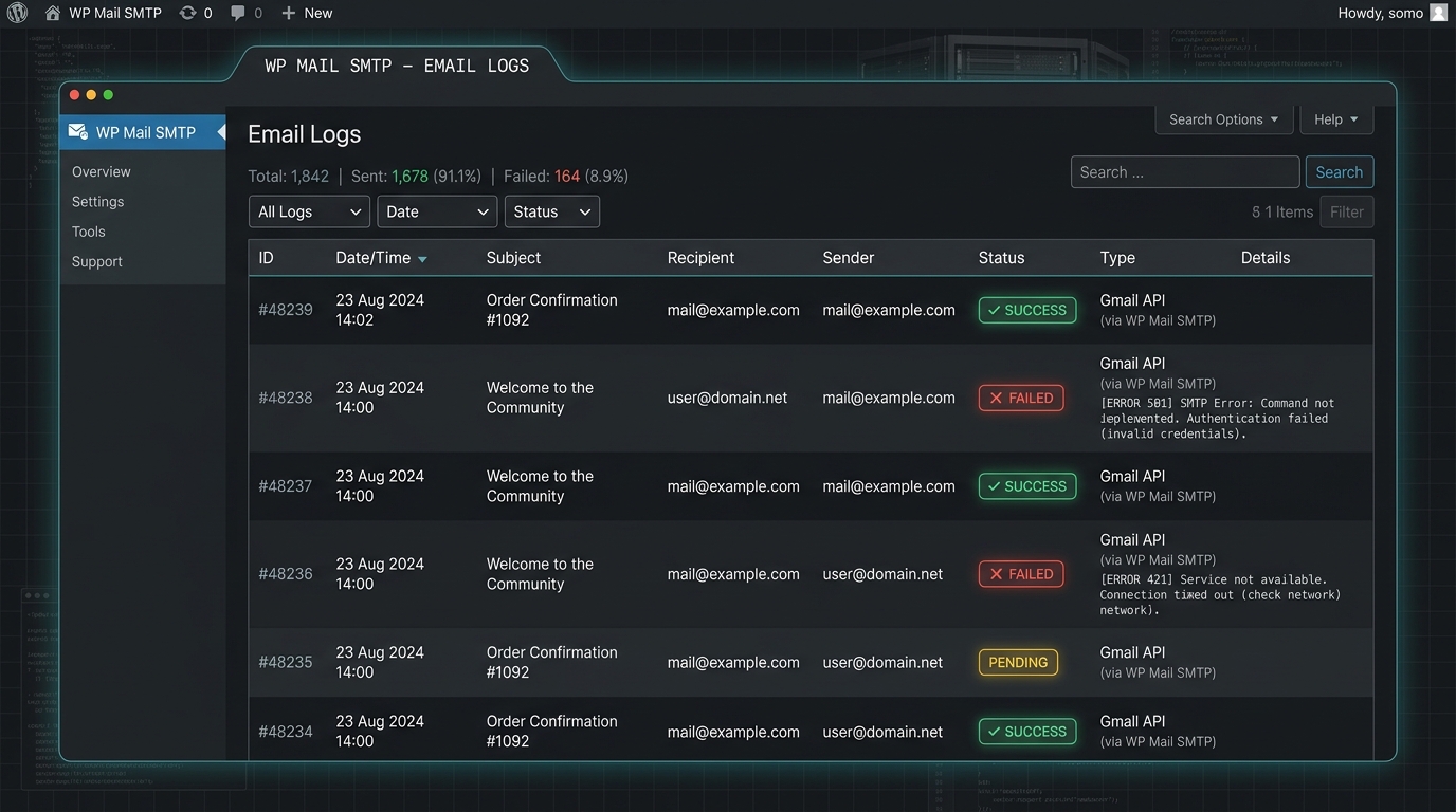 Painel de logs de e-mail do WP Mail SMTP Pro