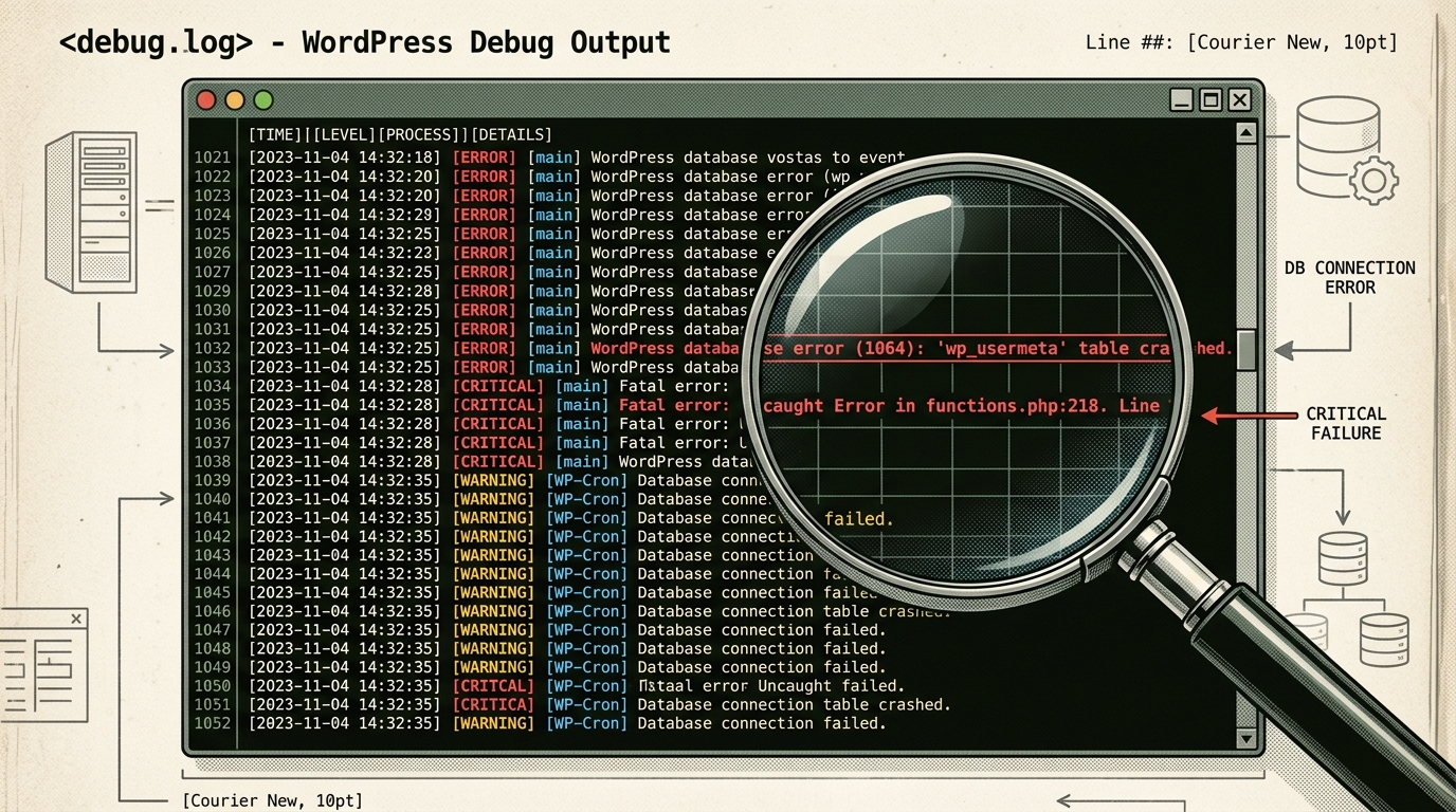 Arquivo debug.log exibindo linhas de erro com o formato 'WordPress database error'. Uma lupa destaca um erro específico.