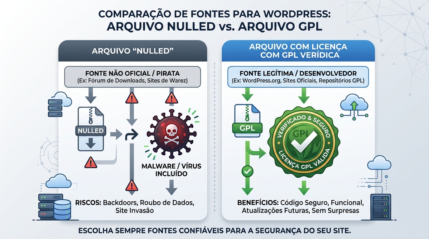 Diagrama comparando arquivo nulled com malware e arquivo GPL com selo de segurança