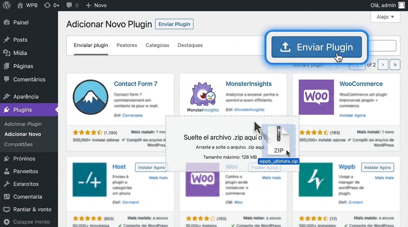 Print de tela do painel WordPress mostrando o upload de plugin .zip