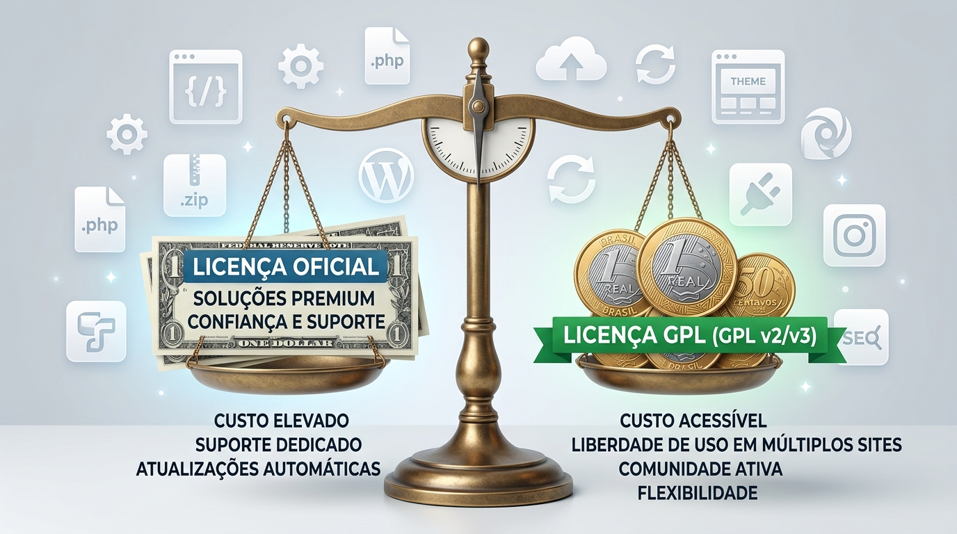 Infográfico comparativo mostrando balança entre dólar (licença oficial) e real (licença GPL)