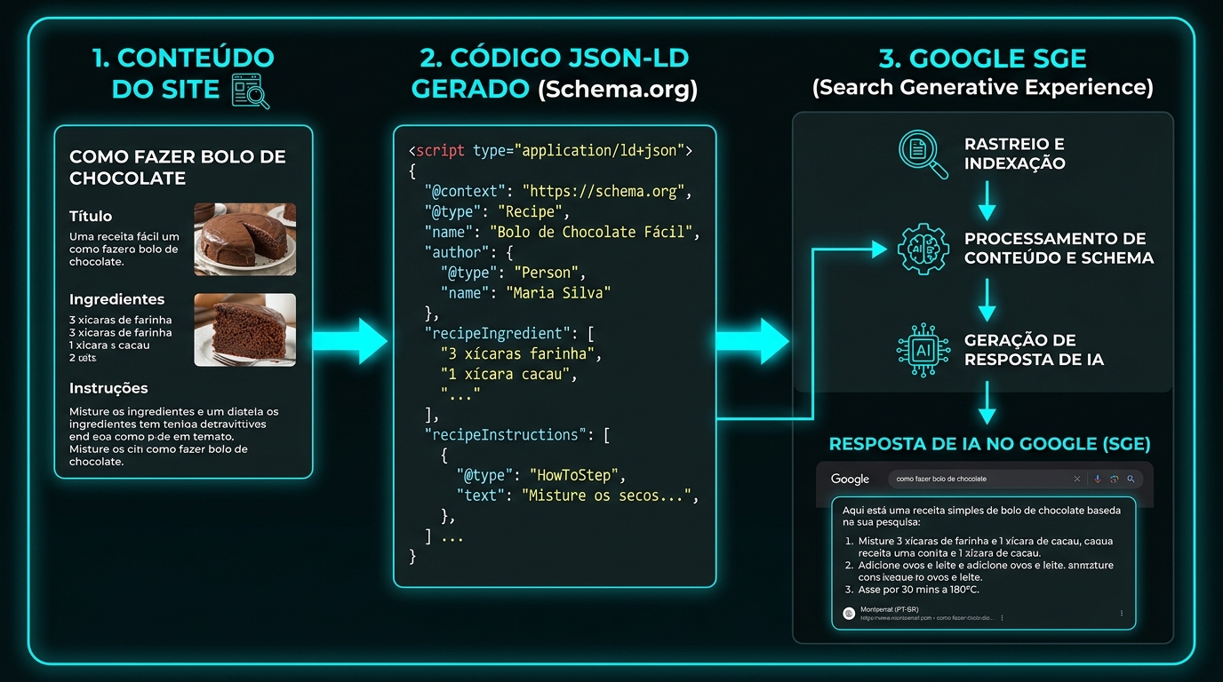 Diagrama mostrando como o Google SGE processa conteúdo com schema markup