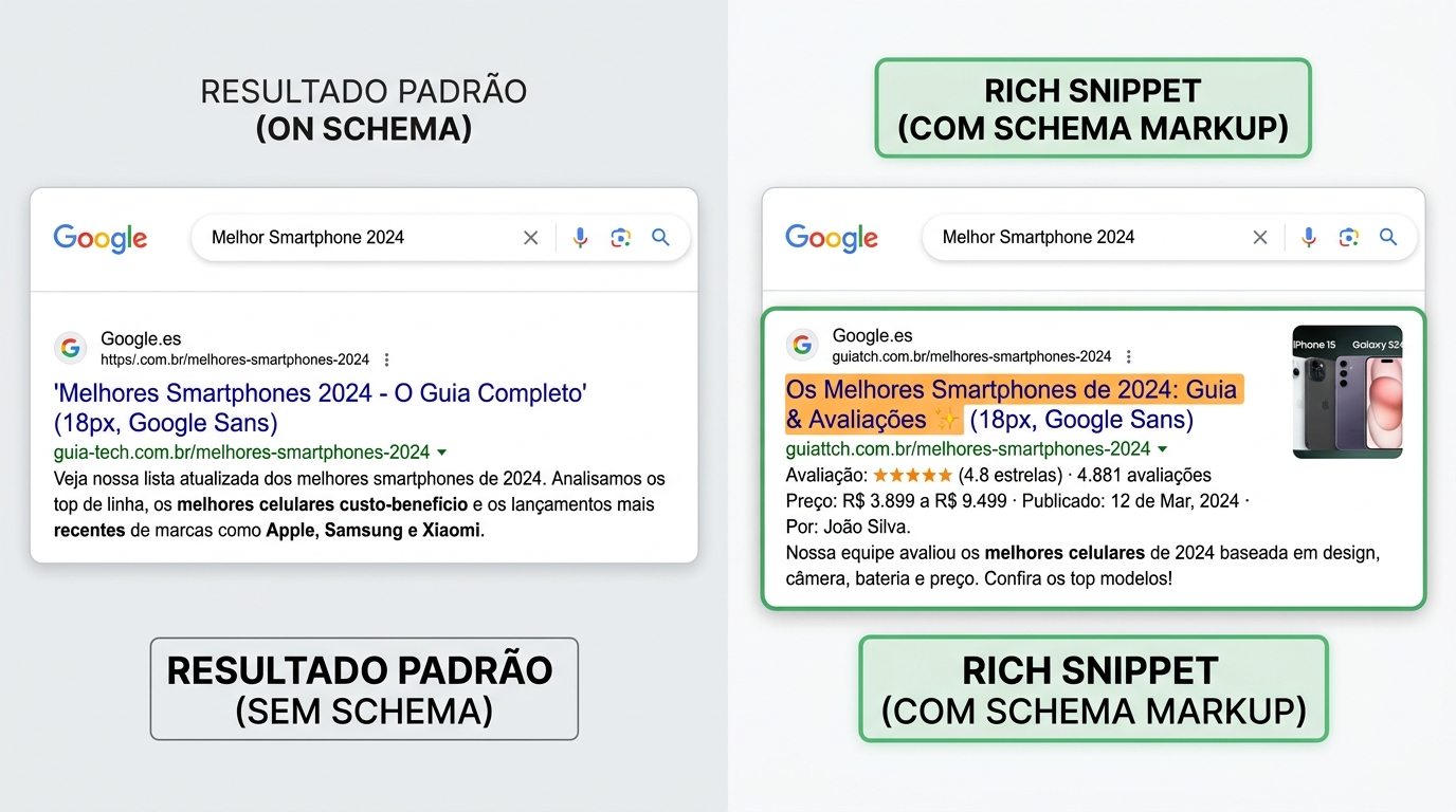 Comparação entre resultado de busca padrão e rich snippet com schema markup
