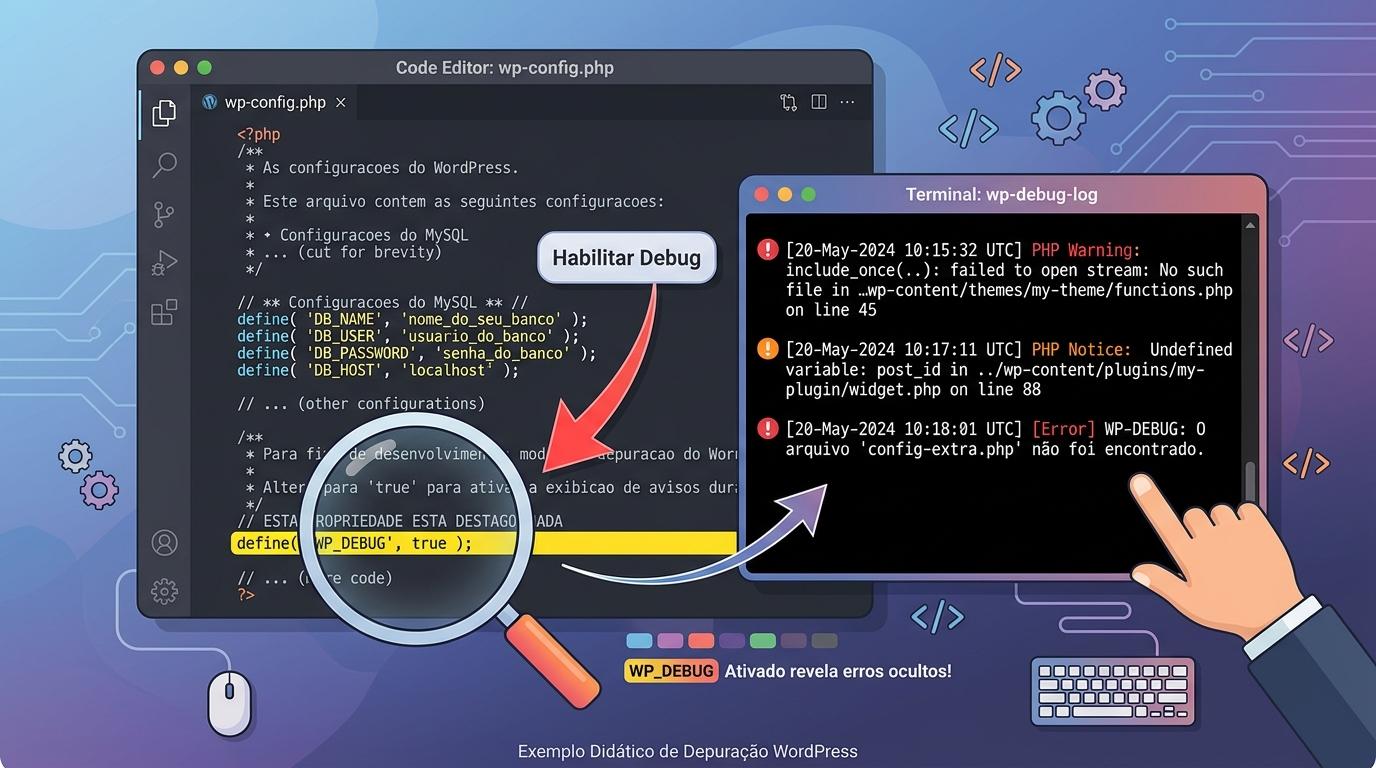 Código PHP com define WP_DEBUG true destacado, e terminal de erros ao lado