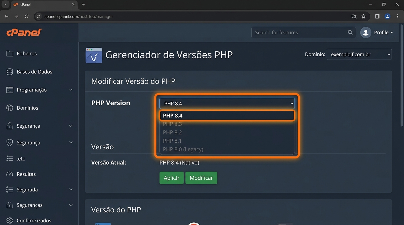 Painel de hospedagem mostrando seleção da versão do PHP 8.4
